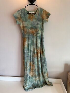 Barbara Lesser Tie Dye Maxi Dress Green Brown Ribbed Knit Short Sleeve Small
